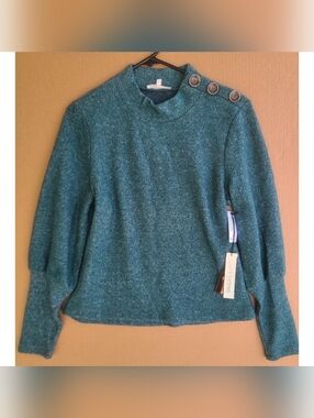 Teal Mock Neck Button-Shoulder Sweater
